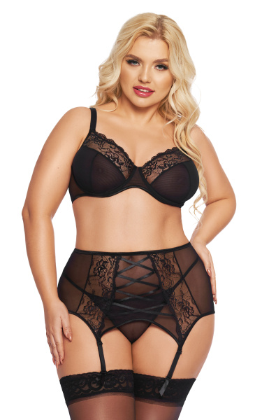 Комплект SoftLine Collection Dolores (бюстгальтер, стринги и пояс для чулок), черный, XXXL
